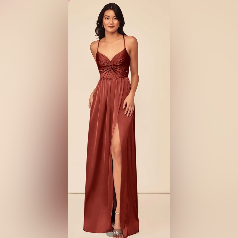 AZAZIE RAYA
A-Line Corset Stretch Satin Floor-Length Dress Terracotta
